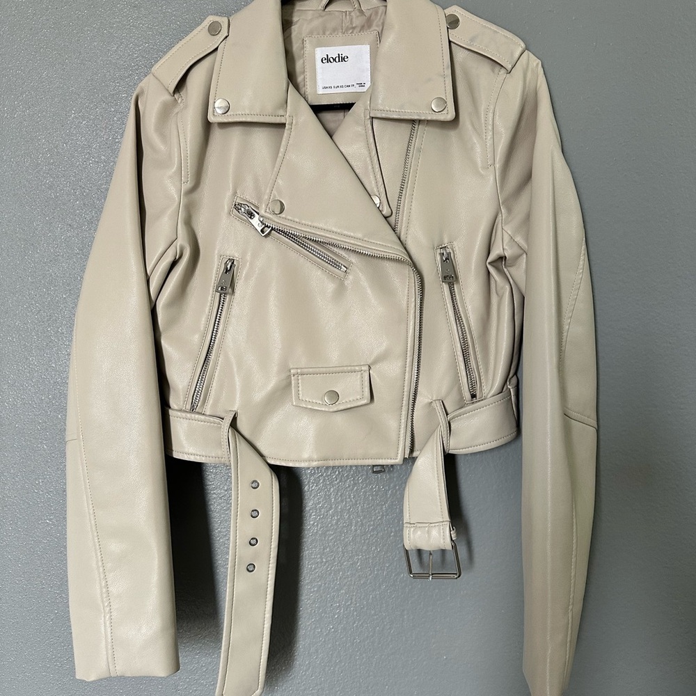 Elodie Beige Leather Biker Jacket - Picture 2 of 7